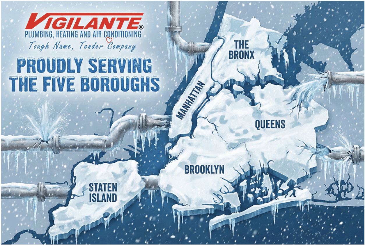 An illustration showing the five boroughs of New York with frozen pipes and the logo for Vigilante Plumbing in Brooklyn.
