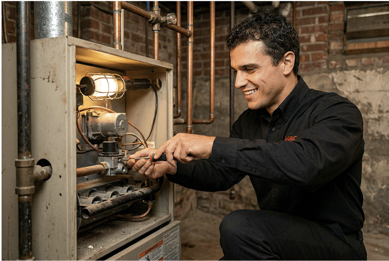 An HVAC tech from Vigilante PHAC in Brooklyn making an adjustment to a furnace. An HVAC tech from Vigilante PHAC in Brooklyn making an adjustment to a furnace.
