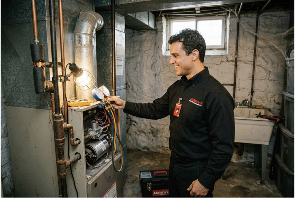 An HVAC tech from Vigilante PHAC is performing Spring maintenance on a Brooklyn furnace.