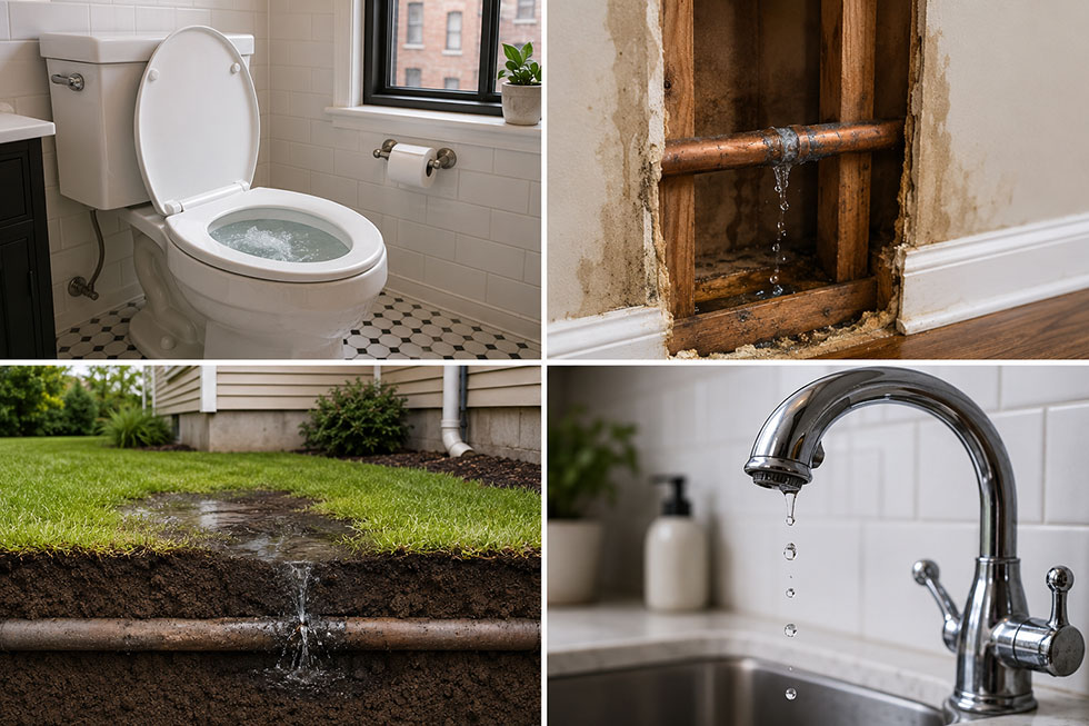 leak-locations Hidden plumbing leak locations including running toilet, leaking wall pipe, underground water line leak, and dripping faucet in Brooklyn home.