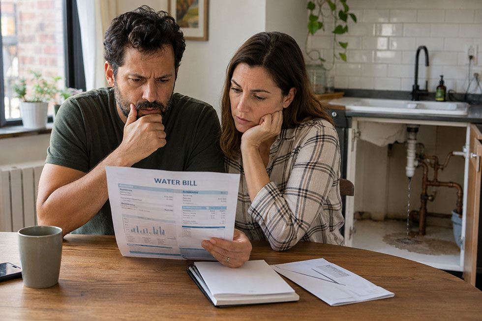 Concerned Brooklyn couple reviewing a high water bill with a hidden plumbing leak under the kitchen sink in the background.