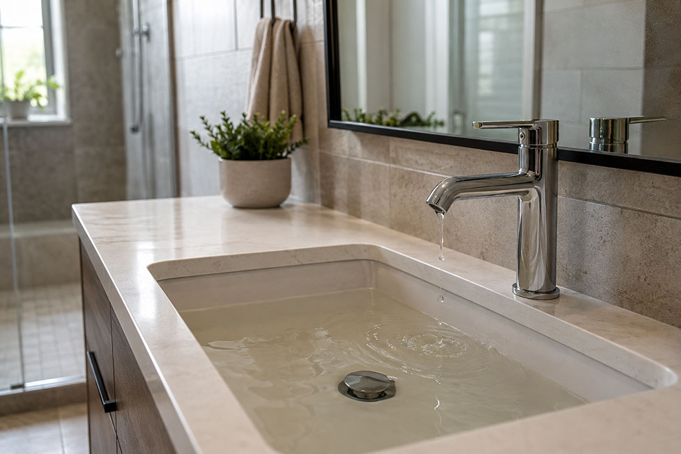 clogged-drain Clogged bathroom sink with standing water and a dripping faucet showing common plumbing repair warning signs.