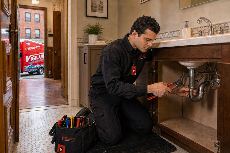 Vigilante Plumbing technician repairing a slow sink drain in a Brooklyn home.