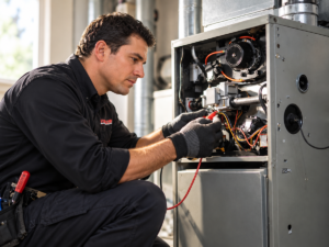 Vigilante Plumbing technician testing a furnace in a Brooklyn home