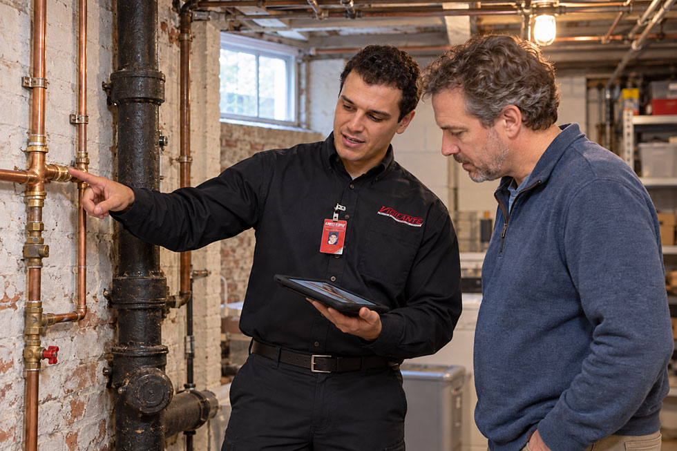 Plumbing-Estimate Vigilante plumber explaining needed basement pipe repairs to a homeowner in a Brooklyn brownstone basement.