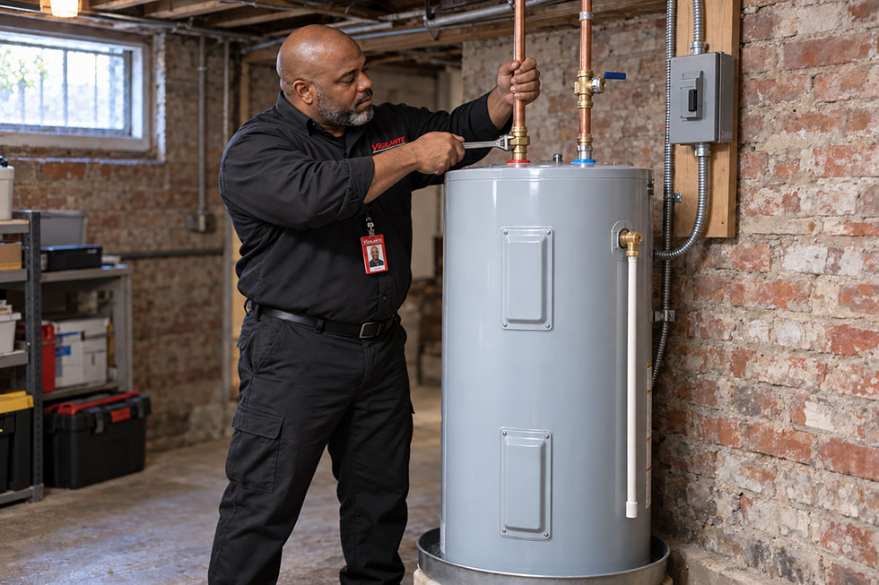 Water-Heater-Installation Vigilante plumber installing an electric water heater in a Brooklyn brownstone basement.