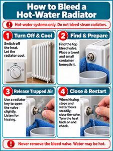 How to bleed a hot-water radiator in four steps: turn off heat, locate the bleed valve, release trapped air, then close the valve and restart.