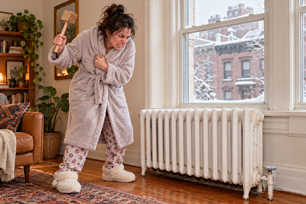 Cold woman in a robe about to hit her broken radiator with a wooden meat tenderizer in her Brooklyn home.