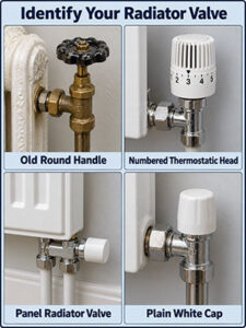 Radiator valve identification guide showing an old round handle, numbered thermostatic head, panel radiator valve and plain white cap.